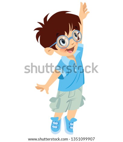 Cute smiling little boy with glasses trying to reach something while looking up