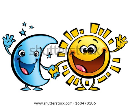 Shining yellow smiling sun and blue moon cartoon characters a happy day night concept image