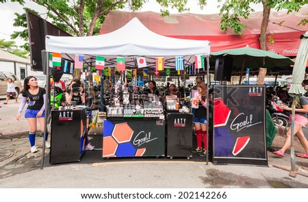 BANGKOK-JUNE 29:The cosmetics booth about Football world cup 2014 is in weekend market on June 29, 2014.Chatuchak Market,Bangkok,Thailand is the world largest weekend market with 16,000 booths