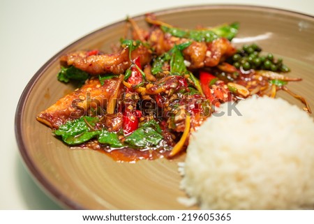 Spicy Stir Fried Fish and white cooked rice dish