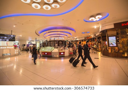 DELHI, INDIA - AUGUST 12: The duty free shops and passengers are in International Airport of Delhi on August 12, 2015. Indira Gandhi International Airport is the 32th busiest in the world.