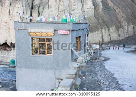 LEH LADAKH , INDIA - AUGUST 11 : The new clay restaurant building on the Himalayas high altitude road in Leh Ladakh,India on August 11, 2015.