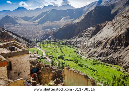 LAMAYURU, INDIA - AUGUST 6 : View of the village and road on mountains Himalaya in Lamayuru,India on August 6,2015