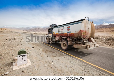 LEH LADAKH , INDIA - AUGUST 11 : The fuel truck is on altitude road in Leh Ladakh,India on August 11, 2015.