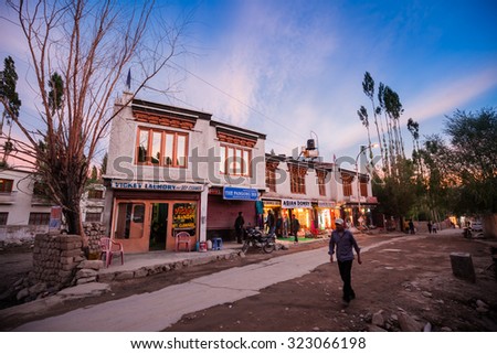LEH LADAKH , INDIA - AUGUST 11 : The shopping street in twilight time in Leh Ladakh,India on August 11, 2015.