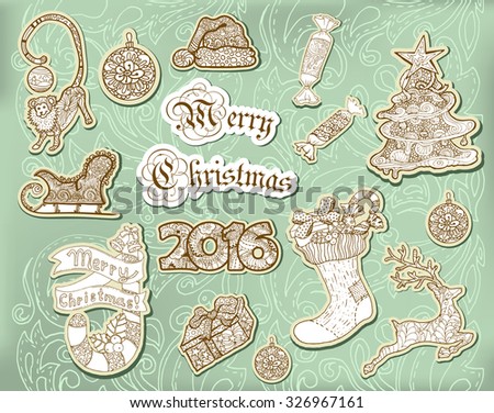 Vintage Happy New Year And Merry Christmas 2016 Scrapbook Sticker Set Doodle Style Xmas Elements Vintage Happy New Year And Merry Christmas 2016 Scrapbook Sticker Set Doodle Style Xmas Elements