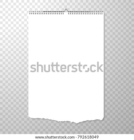 Wall Handing Blank Calendar Template. Vertical Torn Piece of Paper from Spiral Bound Notebook. Clean or Blank Binder Page Isolated on Transparent Background.  Squared Album Page