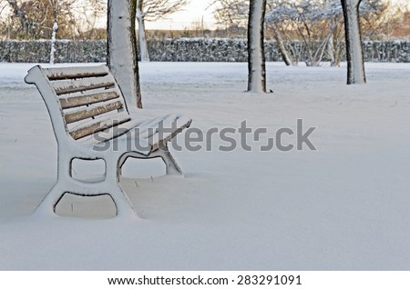 Bank of lonely, empty and snowy public park. With evening light and next to trees and hedges