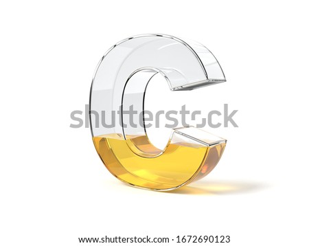 letter C shaped glass half filled with yellow liquid. suitable for fuel, oil, honey and any other liquid themes. 3d illustration Foto stock © 