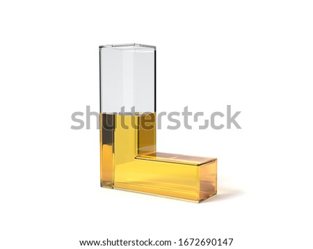 letter L shaped glass half filled with yellow liquid. suitable for fuel, oil, honey and any other liquid themes. 3d illustration Stock foto © 