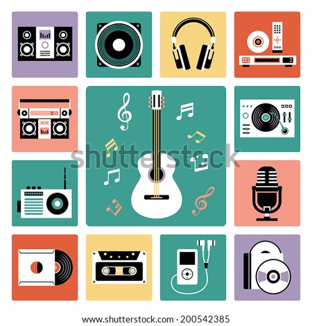 Set of vector icons of audio and musical instrument.