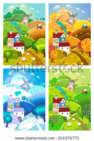 Rural landscape with hills, house, mill and tractor. Four seasons.