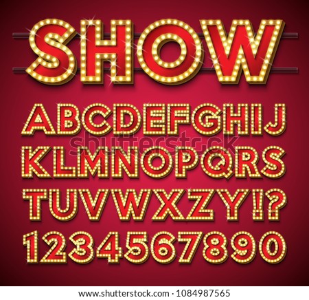 Light Bulb Alphabet with gold frame and shadow on red backgrond. Glowing retro vector font collection with shiny bright lights. ABC and number design for casino, night club or cinema. Layered