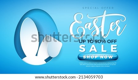 Easter Sale Illustration with Cute Rabbit Ears in Egg Shape on Light Blue Background. Vector Easter Holiday Design Template for Coupon, Web Banner, Voucher or Promotional Poster.