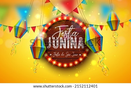 Festa Junina Illustration with Party Flags, Paper Lantern and Light Bulb Billboard Letter with Wood Background. Vector Brazil Sao Joao June Festival Design for Greeting Card, Banner or Holiday Poster.