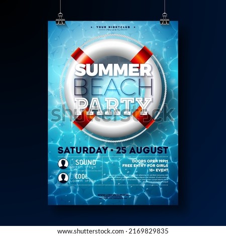 Summer Beach Party Poster Design Template with Lifebelt and Typography Lettering on Water in the Blue Sea Background. Vector Summer Holiday Illustration with for Banner, Flyer, Invitation or