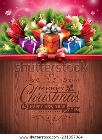 Engraved Merry Christmas and Happy New Year typographic design with holiday elements on wood texture background. EPS 10 Vector illustration.
