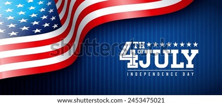 4th of July Independence Day of the USA Vector Illustration with American Flag and Text Label on Dark Blue Background. Fourth of July National Celebration Design with Typography Letter for Banner