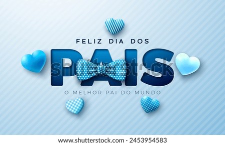 Happy Father's Day Greeting Card Design with Blue Heart and Bow Tie on Light Background. Feliz Dia dos Pais Portuguese Language Vector Illustration for the Loved and Best Dad. Template for Banner