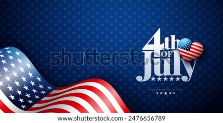 4th of July Independence Day of the USA Vector Illustration with American Flag Pattern Heart on Blue Background. Fourth of July National Celebration Design with Typography Letter for Banner, Greeting