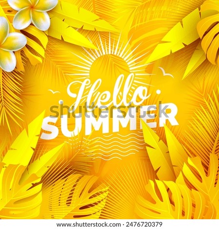 Hello Summer Time Holiday Illustration with Tropical Palm Leaves and Flower on Sun Yellow Background. Vector Summer Vacation Design Template for Banner, Flyer, Invitation, Brochure, Poster or Greeting