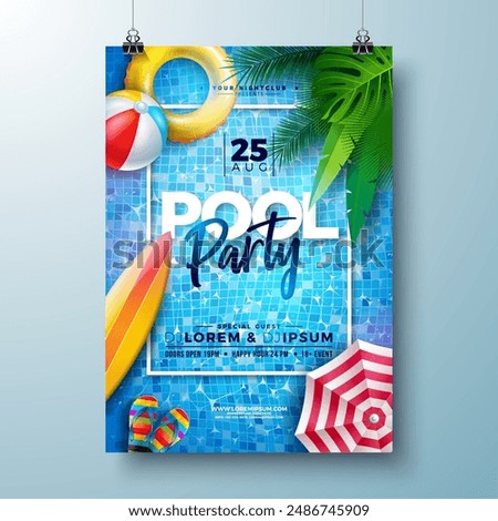 Summer Pool Party Poster Design Template with Palm Leaves, Beach Ball and Float on Blue Wavy Water Background. Vector Vacation Holiday Illustration for Banner, Flyer, Invitation, Brochure, Poster