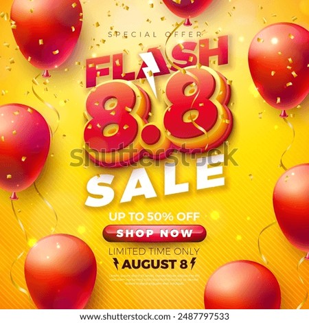 8 August Shopping Day Flash Sale Design with 3d 8.8 Number and Party Balloon on Yellow Background. Vector Special Offer 50 Percent Off Campaign Discount Illustration for Coupon, Voucher, Banner, Flyer