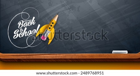 Back to School Design with Flying Rocket Pencil and Typography Lettering on Black Chalkboard Background. Vector School Education Illustration with Hand Drawn Doodles for Greeting Card, Banner, Flyer