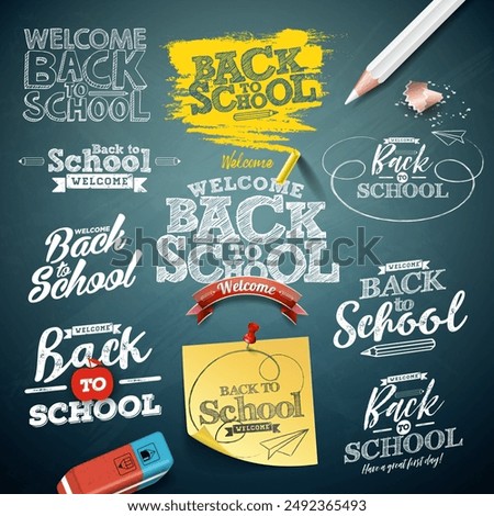 Back to school illustration with typography lettering set on chalkboard background. Vector education concept design collection for greeting card, banner, flyer, invitation, brochure or promotional