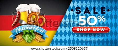 Oktoberfest Sale Banner Illustration with Fresh Lager Beer, Pretzel and Sausage on German and Bavaria Flag Background. Vector Beer Festival Flyer Template for Coupon, Voucher, Banner, Flyer