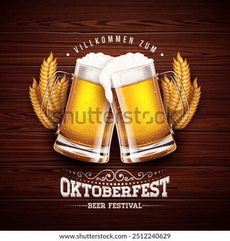 Oktoberfest Beer Festival Banner Illustration with Fresh Lager Beer, Barley Ears and Typography Lettering on Vintage Wooden Background. Vector Flyer Template for Traditional German Celebration.