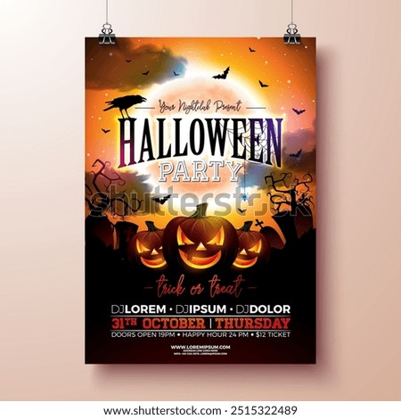 Halloween Party Banner Illustration with Scary Faced Pumpkin and Moon on Red Cemetery Background. Vector Holiday Design Template with Flying Bats and Typography Lettering for Flyer, Party Invitation