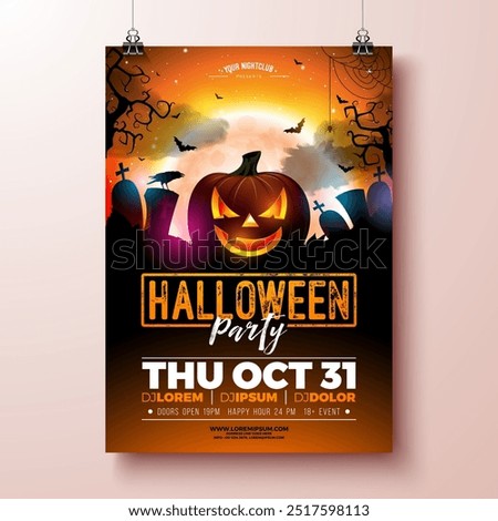 Halloween Party Banner Illustration with Scary Faced Pumpkin and Moon on Red Cemetery Background. Vector Holiday Design Template with Flying Bats and Typography Lettering for Flyer, Party Invitation