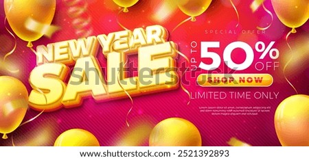 Happy New Year Sale 2025 Design with 3d Typography Lettering and Party Balloon on Red Background. Holiday Special Offer Campaign Discount Illustration for Coupon, Voucher, Banner, Flyer, Promotional