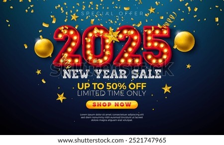 Happy New Year Sale 2025 Design with 3d Glowing Light Bulb Billboard Typography Lettering, Gold Christmas Ball and Falling Confetti on Blue Background. Holiday Special Offer Campaign Discount