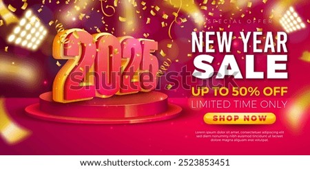 Happy New Year Sale 2025 Design with 3d Number, Glowing Light, Stage Podium and Falling Confetti on Red Background. Christmas Holiday Special Offer Campaign Discount Illustration for Coupon, Voucher