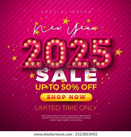 Happy New Year Sale 2025 Design with 3d Glowing Light Bulb Billboard Typography Lettering and Christmas Ornament on Red Background. Holiday Special Offer Campaign Discount Illustration for Coupon