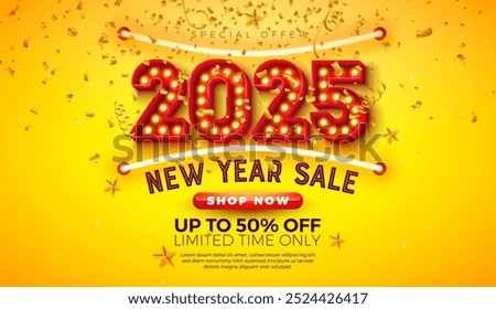 Happy New Year Sale 2025 Design with 3d Glowing Neon Light Bulb Billboard Typography Lettering and Falling Confetti on Yellow Background. Holiday Special Offer Campaign Discount Illustration for