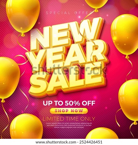 Happy New Year Sale 2025 Design with 3d Typography Lettering and Party Balloon on Red Background. Holiday Special Offer Campaign Discount Illustration for Coupon, Voucher, Banner, Flyer, Promotional