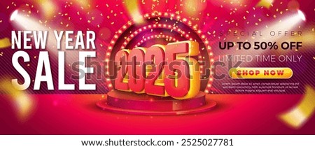 Happy New Year Sale 2025 Design with 3d Number, Glowing Light Bulb Billboard, Stage Podium and Falling Confetti on Red Background. Christmas Holiday Special Offer Campaign Discount Illustration for