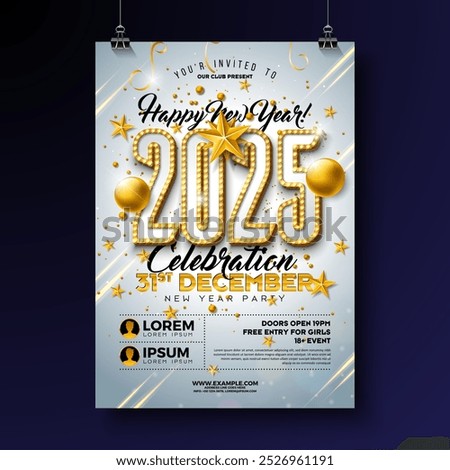 Happy New Year 2025 Party Celebration Poster Template Illustration with Glowing Light Bulb Billboard Number on White Background. Vector New Year Eve Holiday Design. Premium Invitation Flyer or Promo