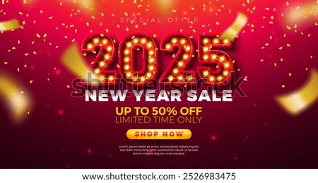 Happy New Year Sale 2025 Design with 3d Glowing Light Bulb Billboard Typography Lettering and Falling Confetti on Red Background. Holiday Special Offer Campaign Discount Illustration for Coupon