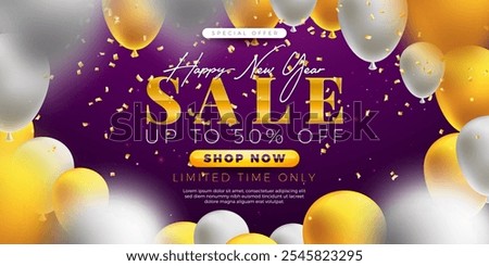 Happy New Year Sale 2025 Design with Gold Typography Lettering and Party Balloon on Violet Background. Christmas Holiday Special Offer Campaign Discount Illustration for Coupon, Voucher, Banner, Flyer