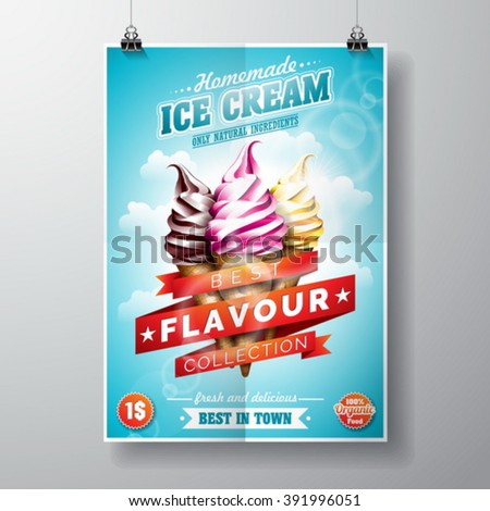 Vector delicious Ice Cream Flyer Design on sky background. Eps 10 illustration.
