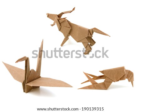 Three origami animals, live on ground, sky and underwater, the earth