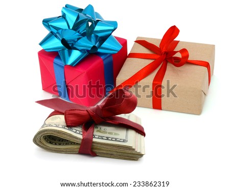 two gifts boxes and set of money gift