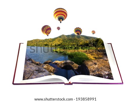 Hot-air balloons in Open book in the river. mountain and sky