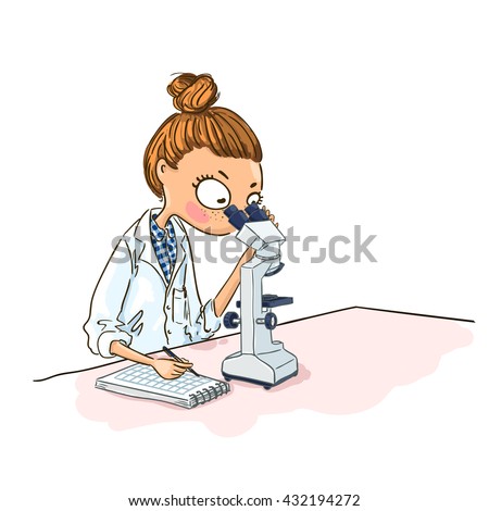 Cartoon Woman scientist is looking through a microscope. Laboratory and equipment.