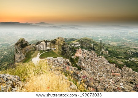 Mountain town Caltabellotta (Sicily, Italy) in the morning. Beautiful medieval mountain Church of San Salvatore