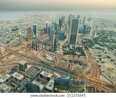 Downtown of Dubai (United Arab Emirates) in the sunrise. Downtown Dubai, previously known as Downtown Burj Dubai, is a large mixed-use complex, important part of development in Dubai.